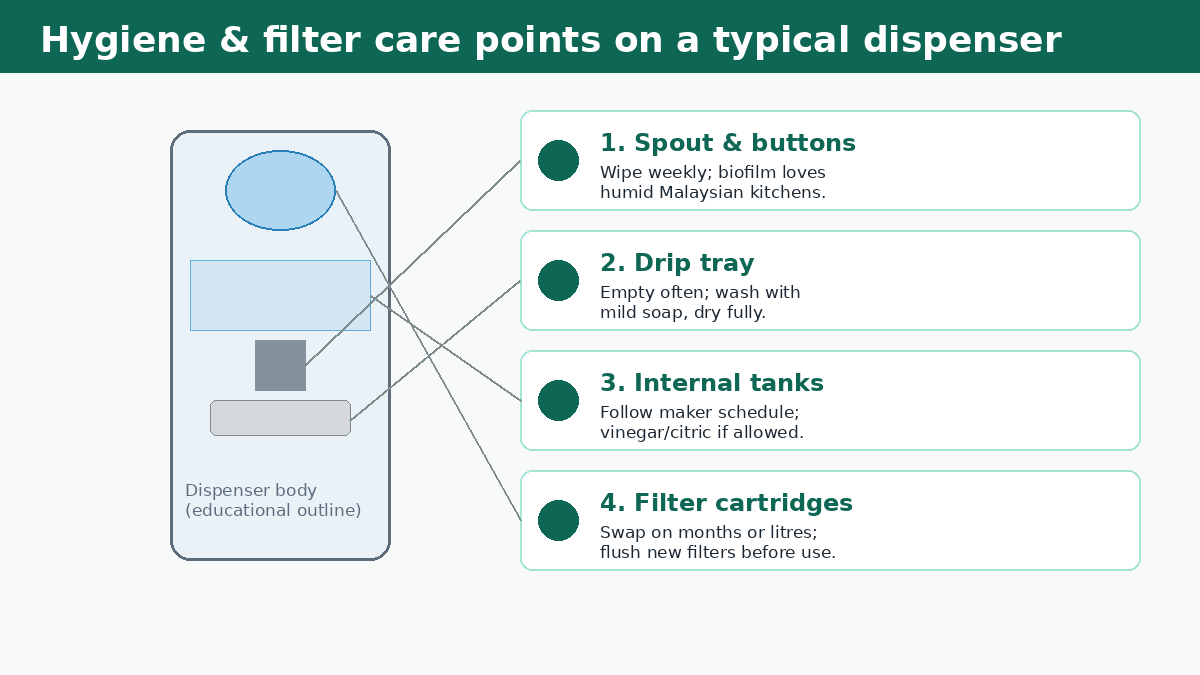 Diagram mapping water dispenser hygiene points including spout, drip tray, internal tanks, and filter cartridges
