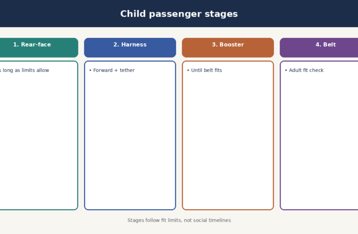 Four child passenger stages from rear-facing to forward harness, booster, and seat belt