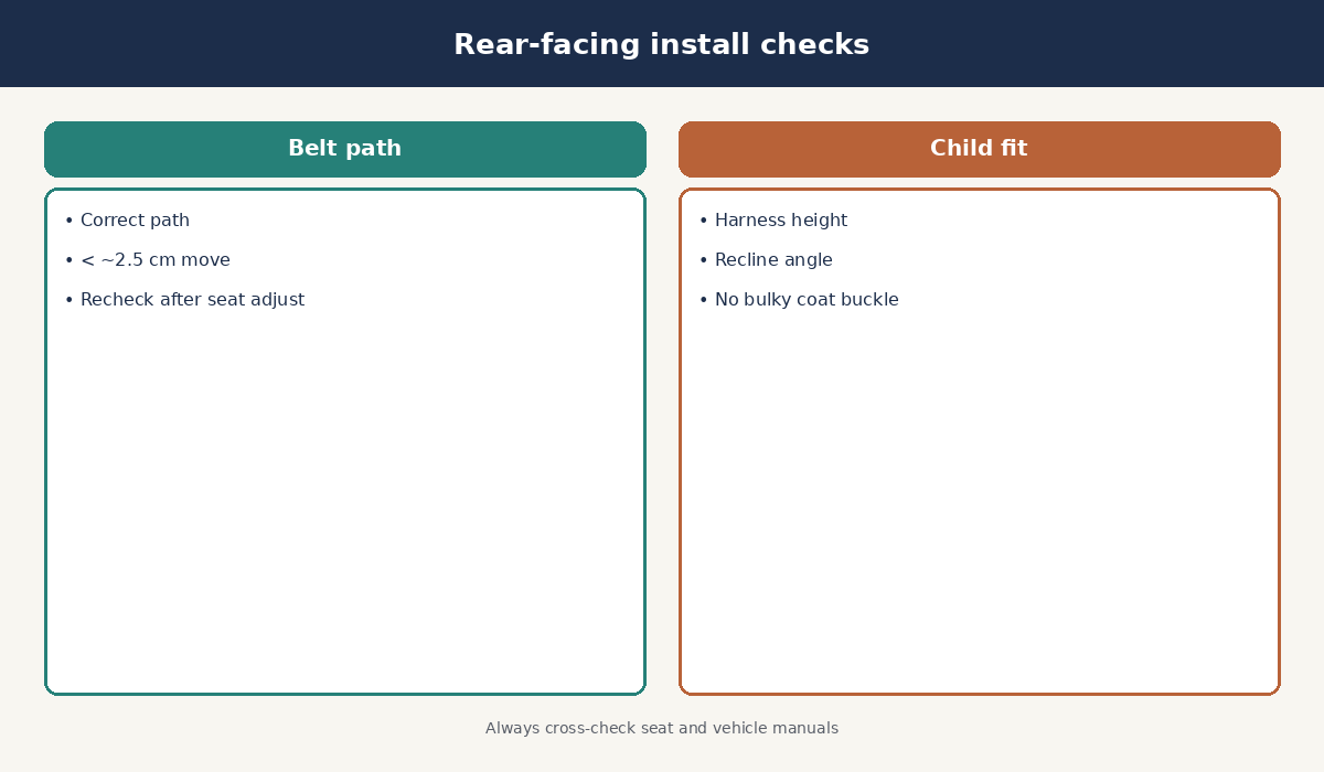 Checklist for rear-facing car seat installation including belt path, recline, harness, and movement check