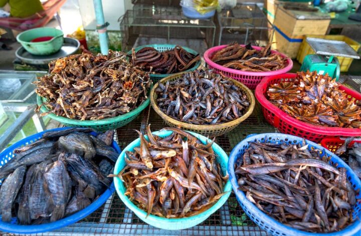 Assorted dried fish displayed in colorful plastic baskets at an outdoor market