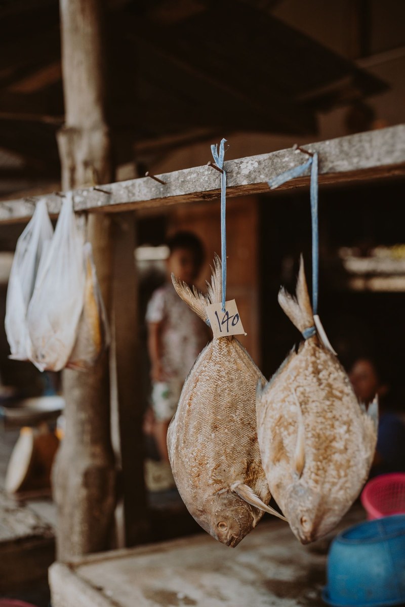 Two whole dried fish hanging from a wooden beam by blue ties at a market stall